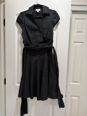 LOFT Black Short Sleeve Utility Button Front Midi Shirtdress with Tie Waist.